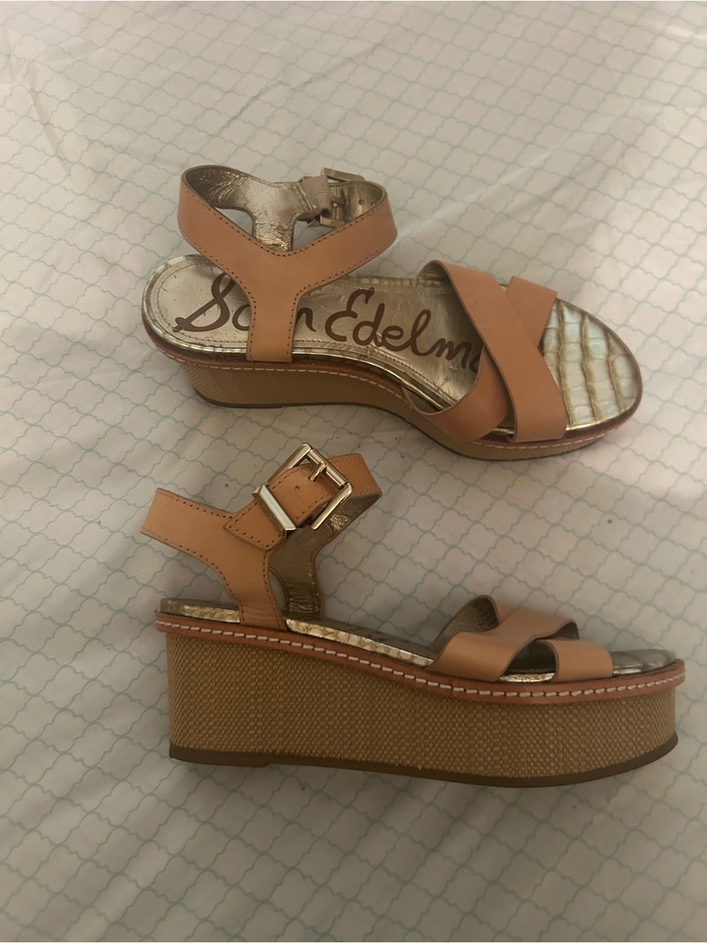 Sam Edelman Peach-Tan Leather Platform Wedge Sandals